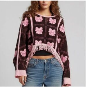 NWT House of Harlow 1960 Pink and Brown Bow Fringe Shawl Sweater
